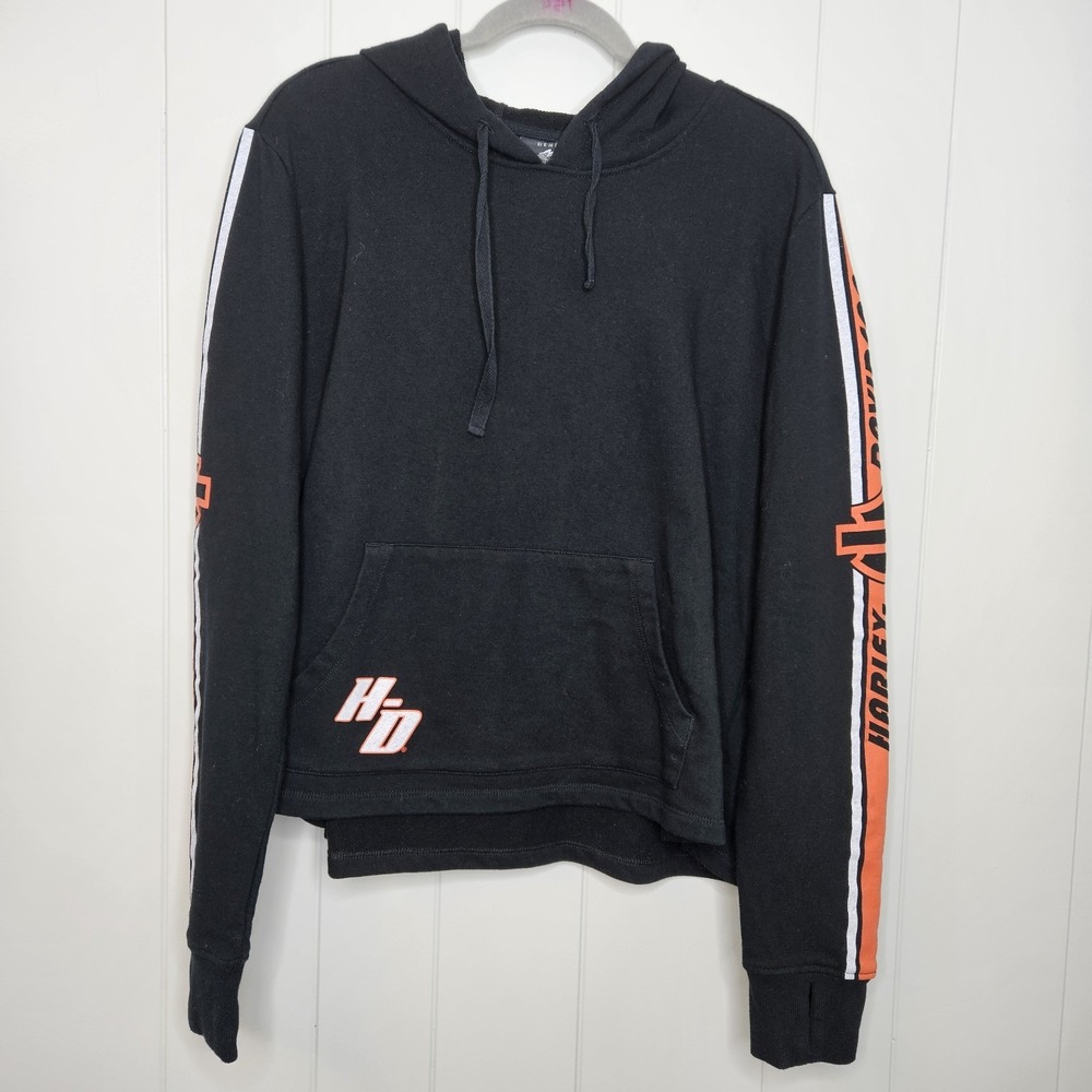 Harley Davidson 2XL Genuine Motor Clothes Black Orange Logo Sleeves Hoodie